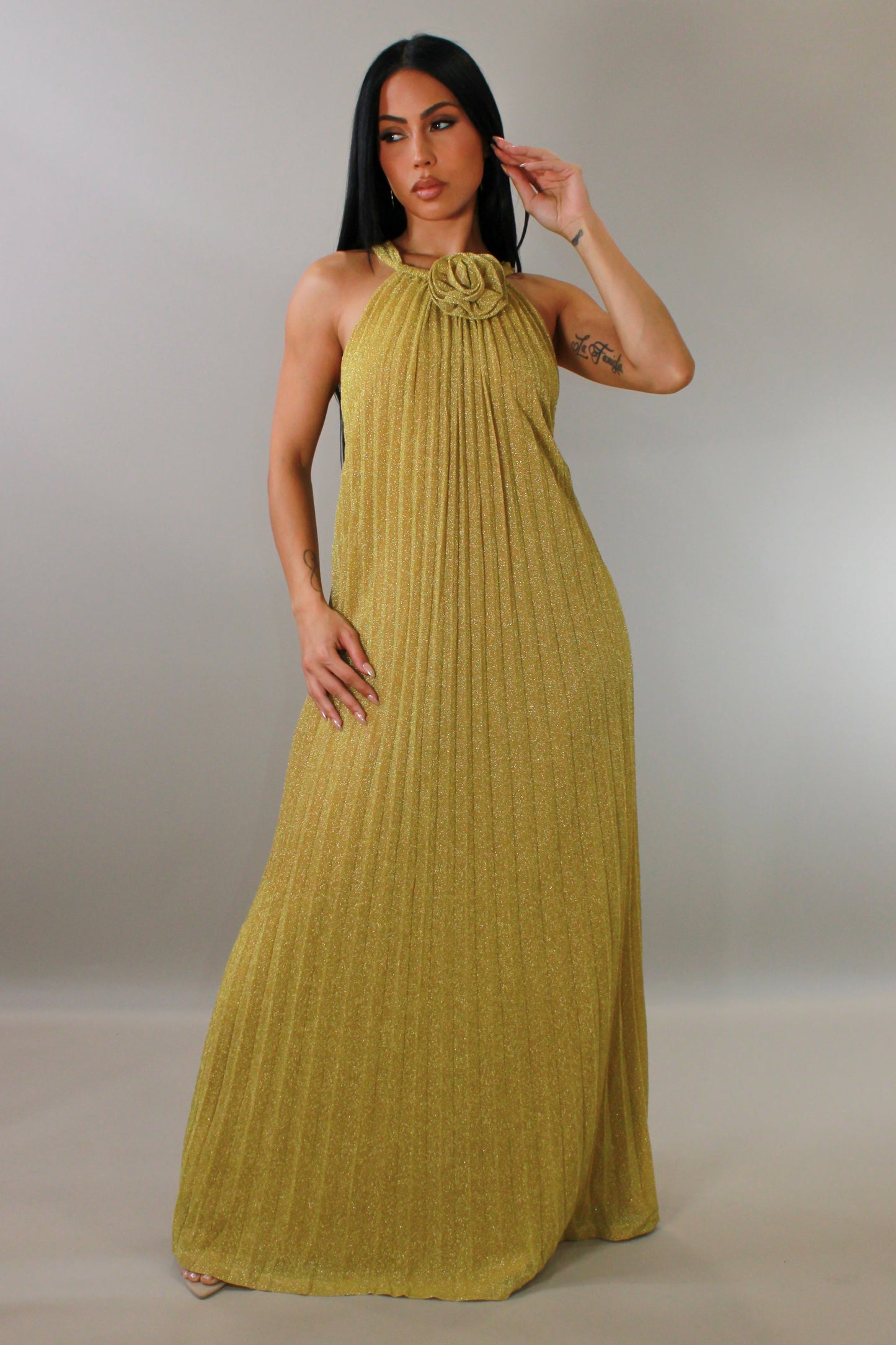 Gold Shimmer Halter Maxi Dress