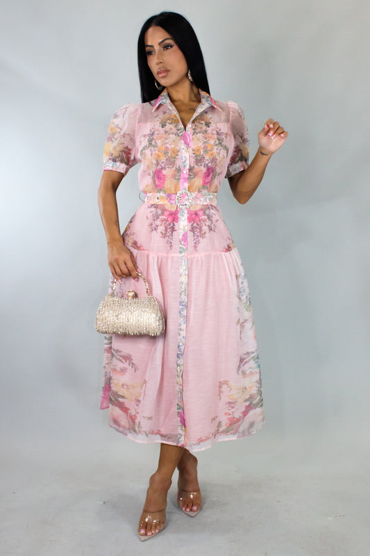 Escape With Me Belted Midi Dress- Pink