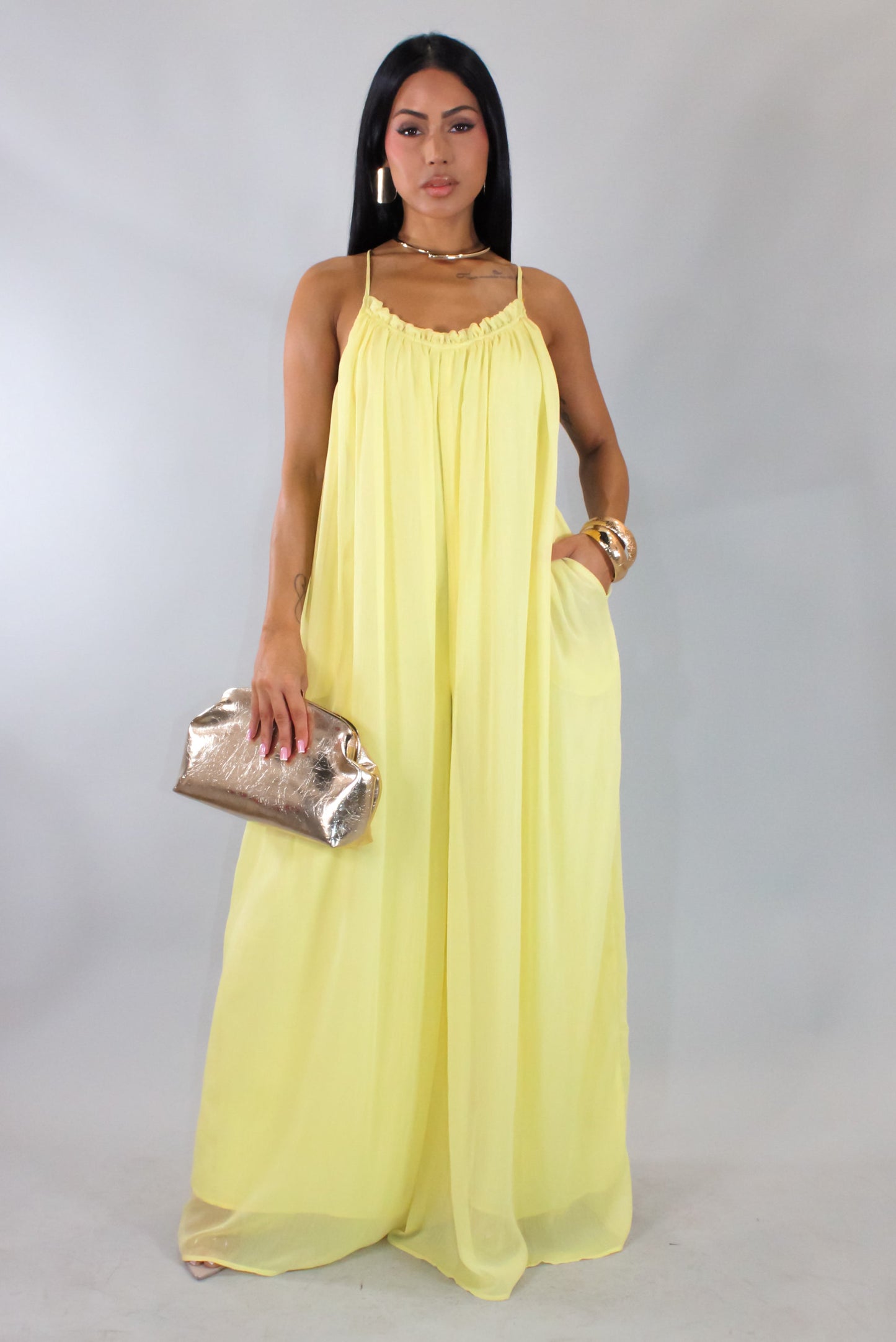 Loose Chiffon Jumpsuit- Yellow