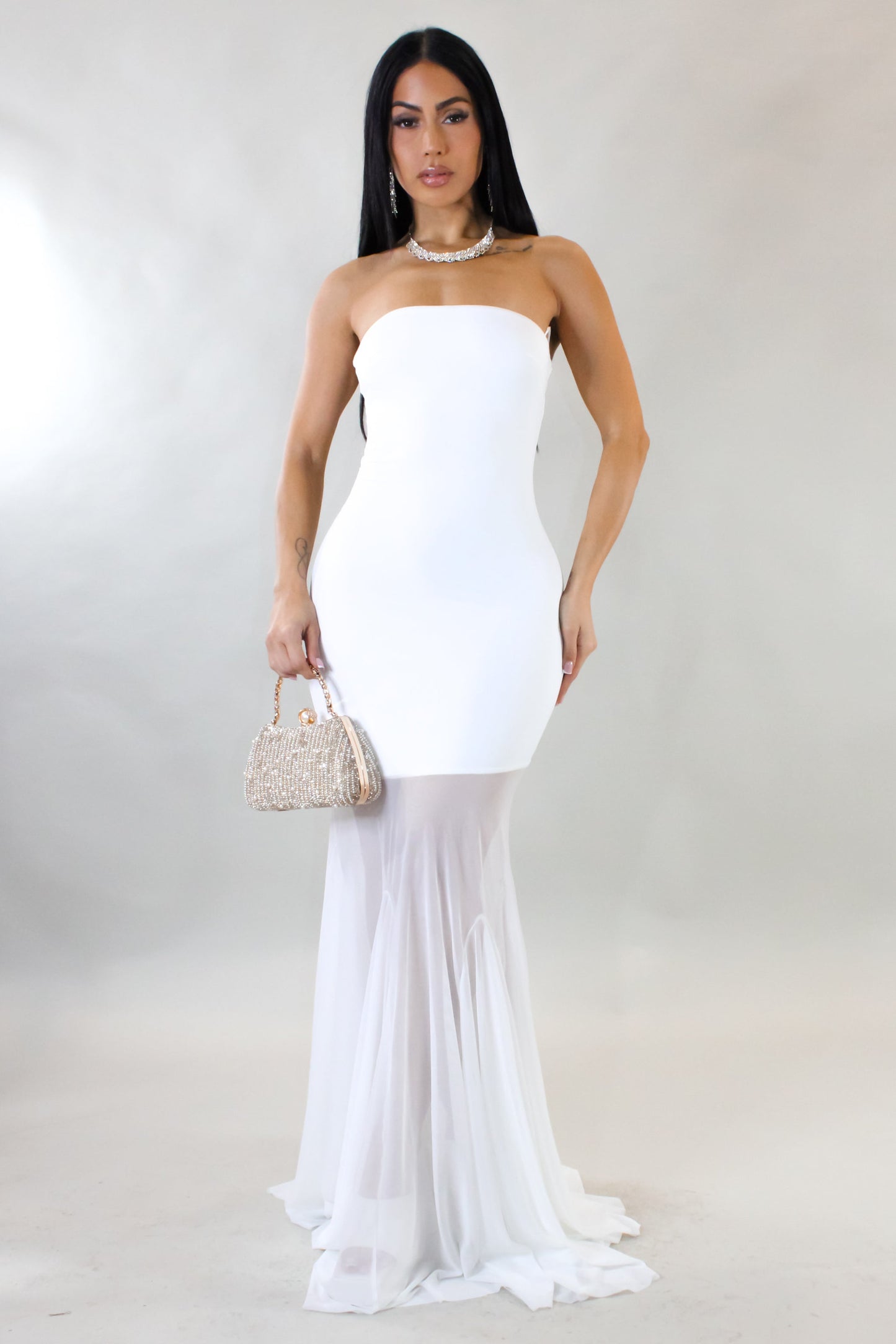 Mesh Tail Maxi Dress- White