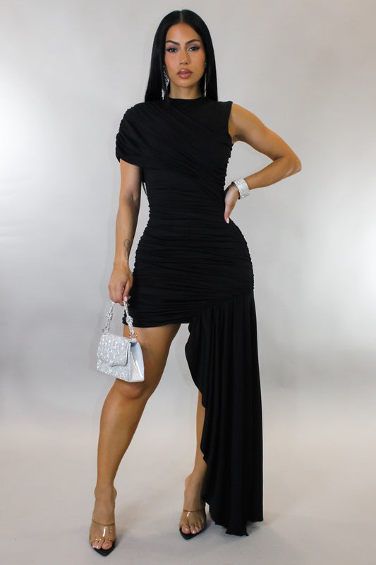 Off the Script Ruched Mini Dress- Black