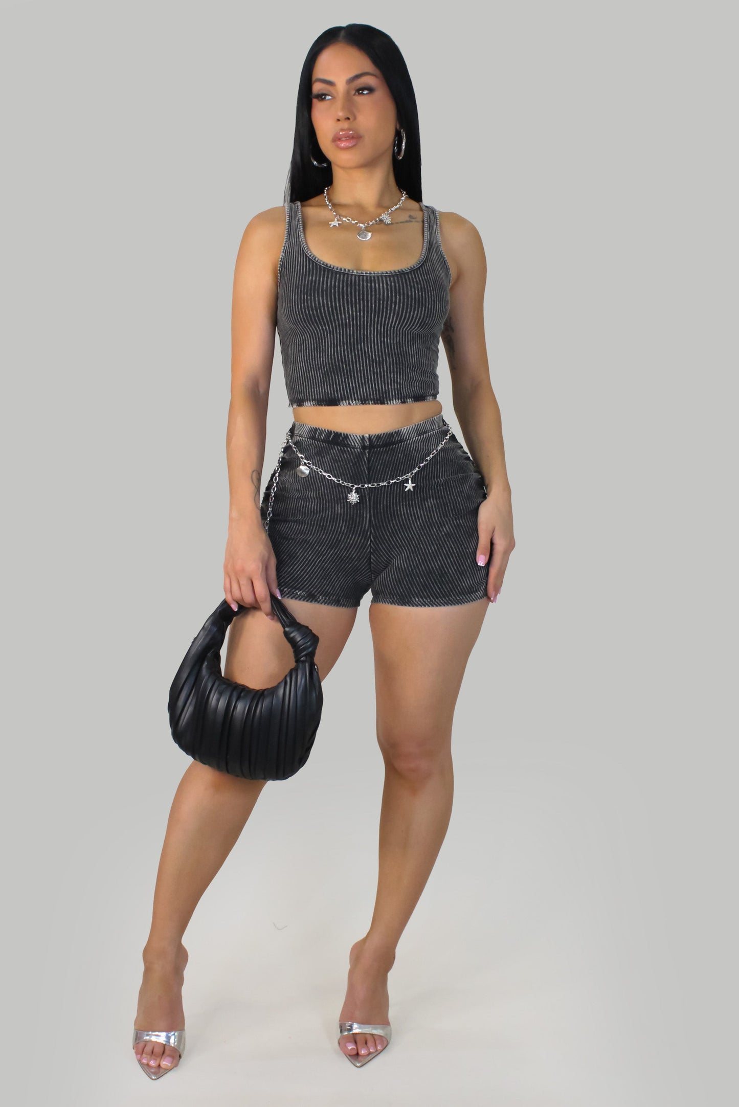 Mineral Wash Shorts Set w/ Charms- Black