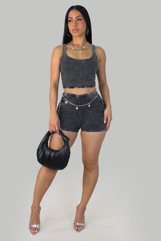 Mineral Wash Shorts Set w/ Charms- Black