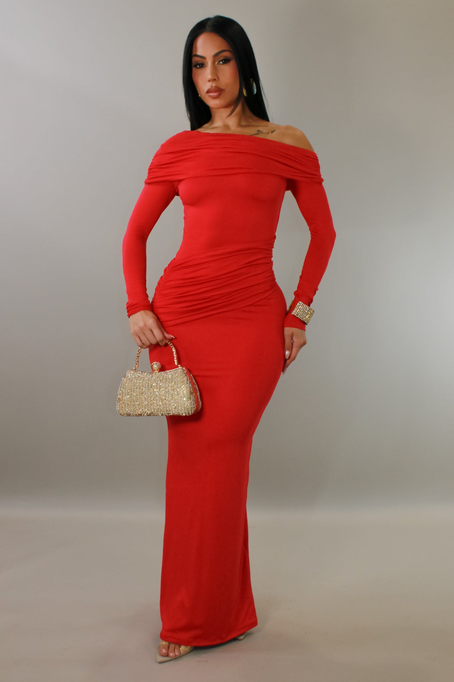 Making Moves Off Shoulder Maxi Dress- Red