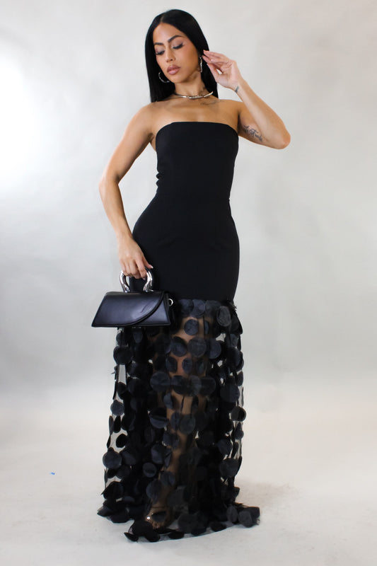 After Dark Black 3D Petals Flow Maxi Dress- Black
