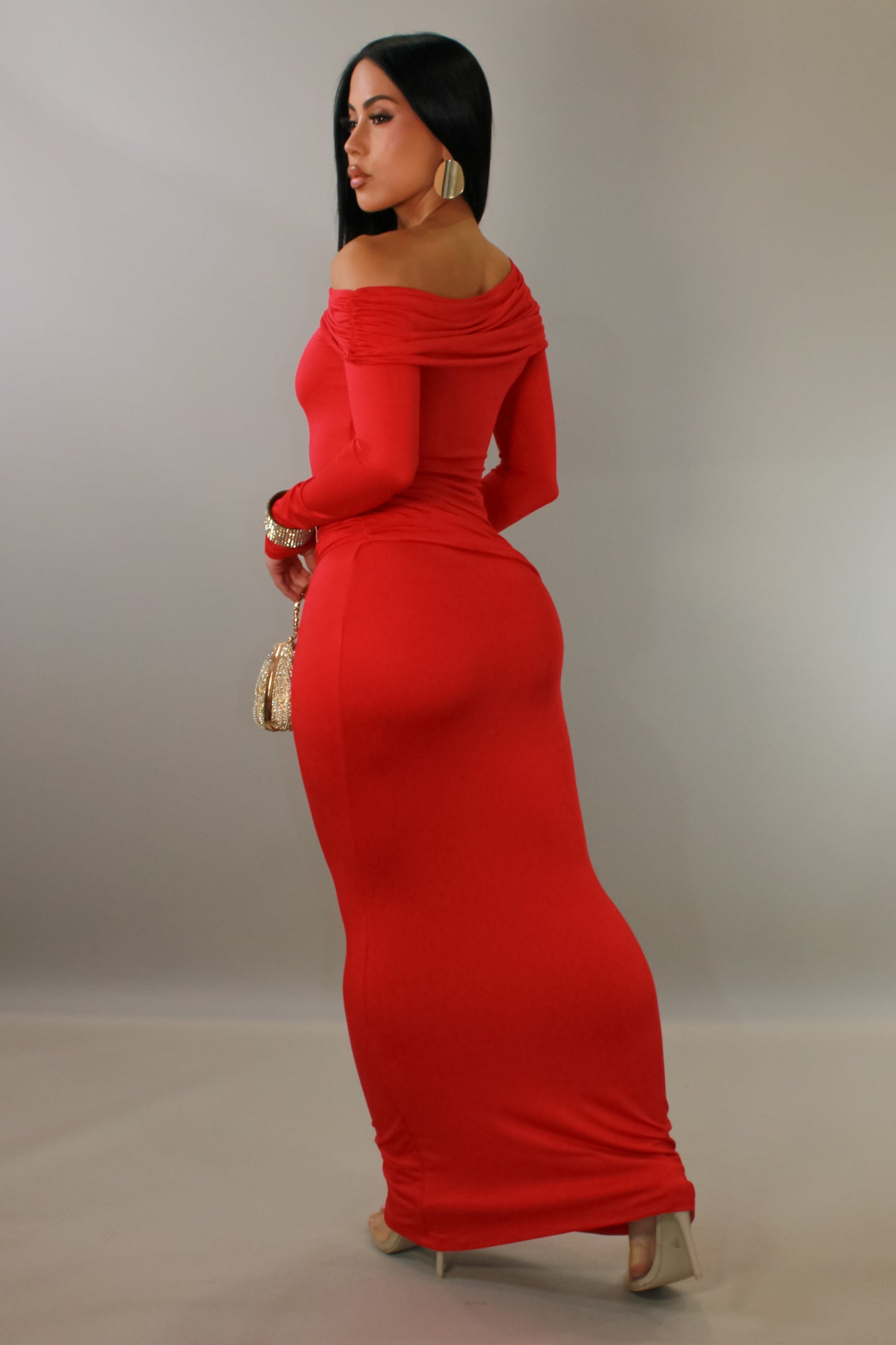Making Moves Off Shoulder Maxi Dress- Red