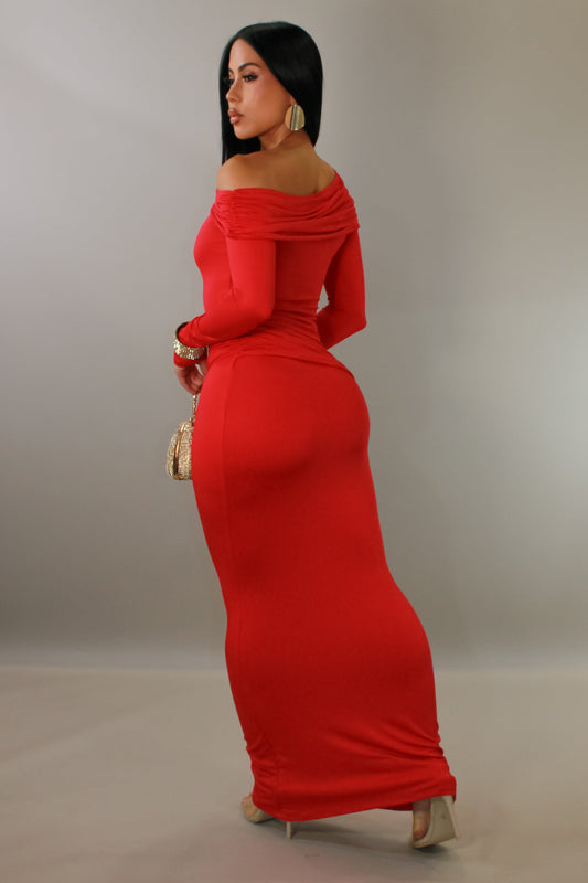 Making Moves Off Shoulder Maxi Dress- Red