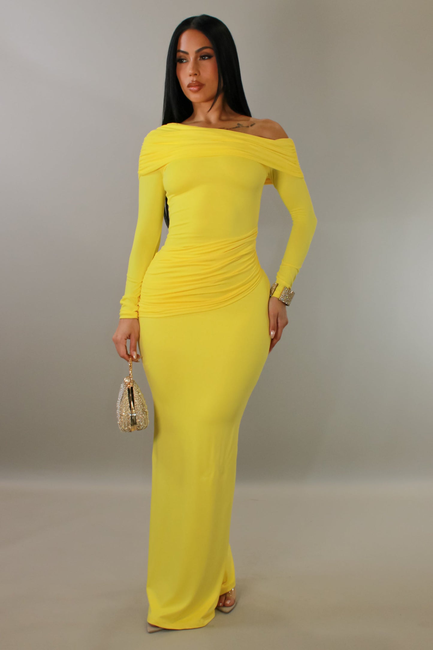 Making Moves Off Shoulder Maxi Dress- Yellow