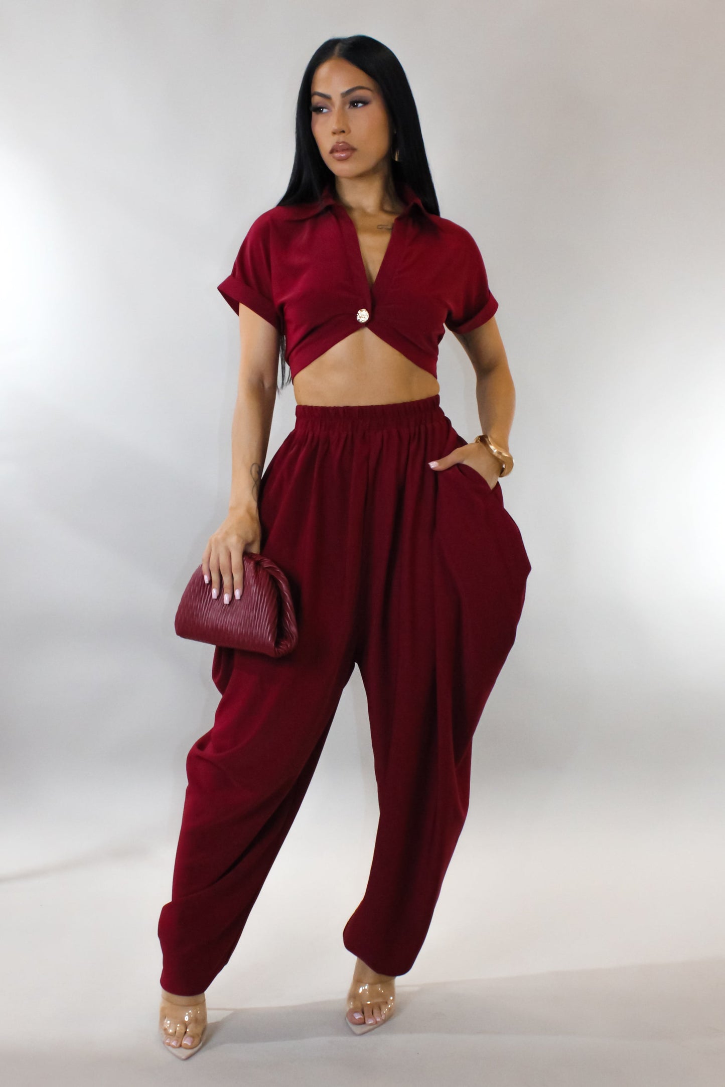 Harem Pants & Cropped Top Set- Red