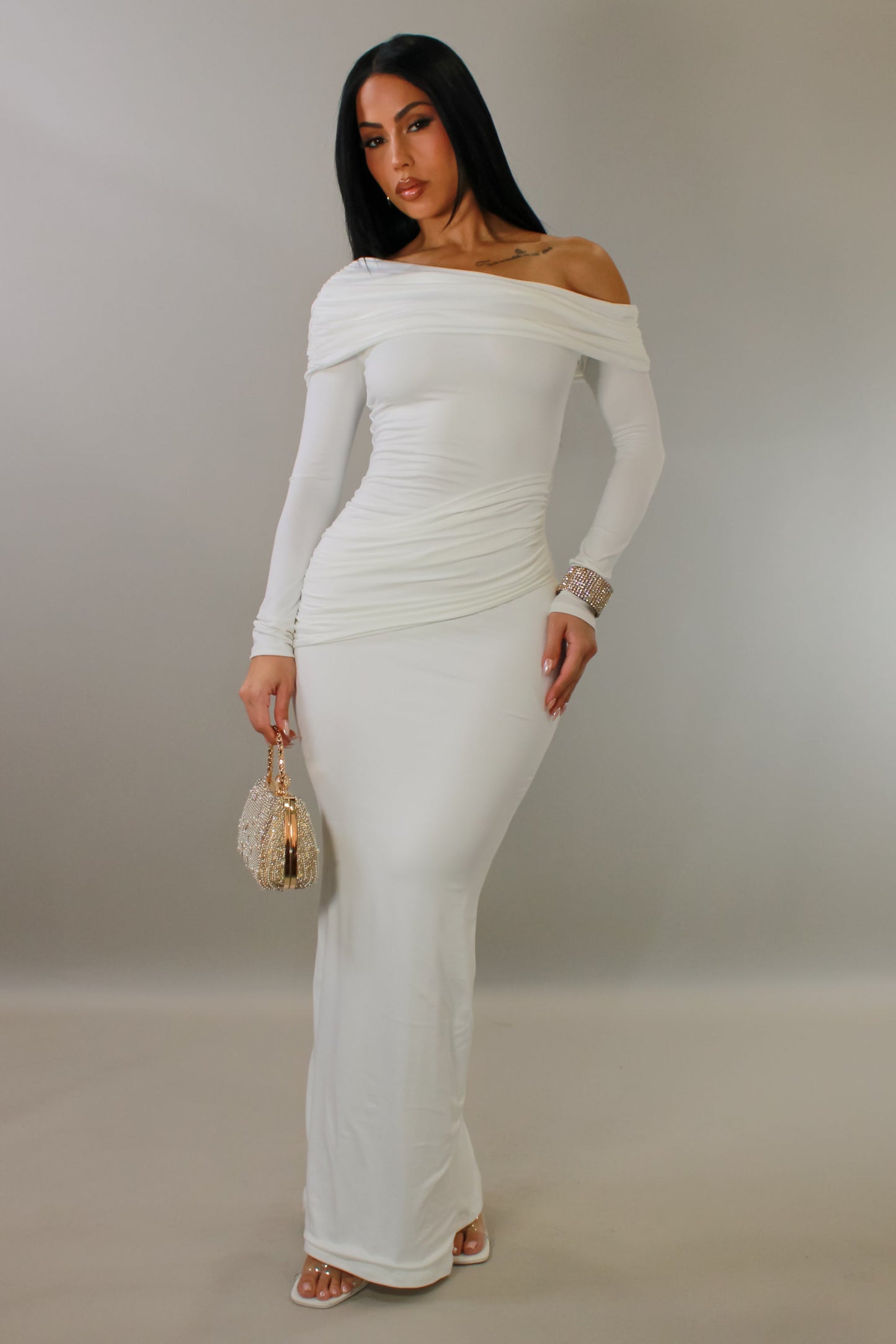 Making Moves Off Shoulder Maxi Dress- White