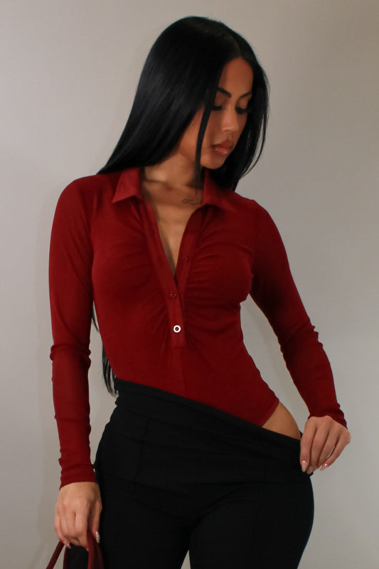 Can't Get Over It Partial Mesh Bodysuit Top- Red