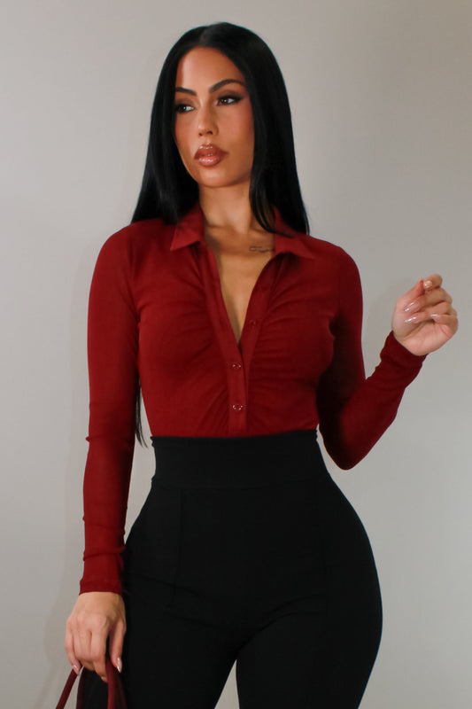 Can't Get Over It Partial Mesh Bodysuit Top- Red