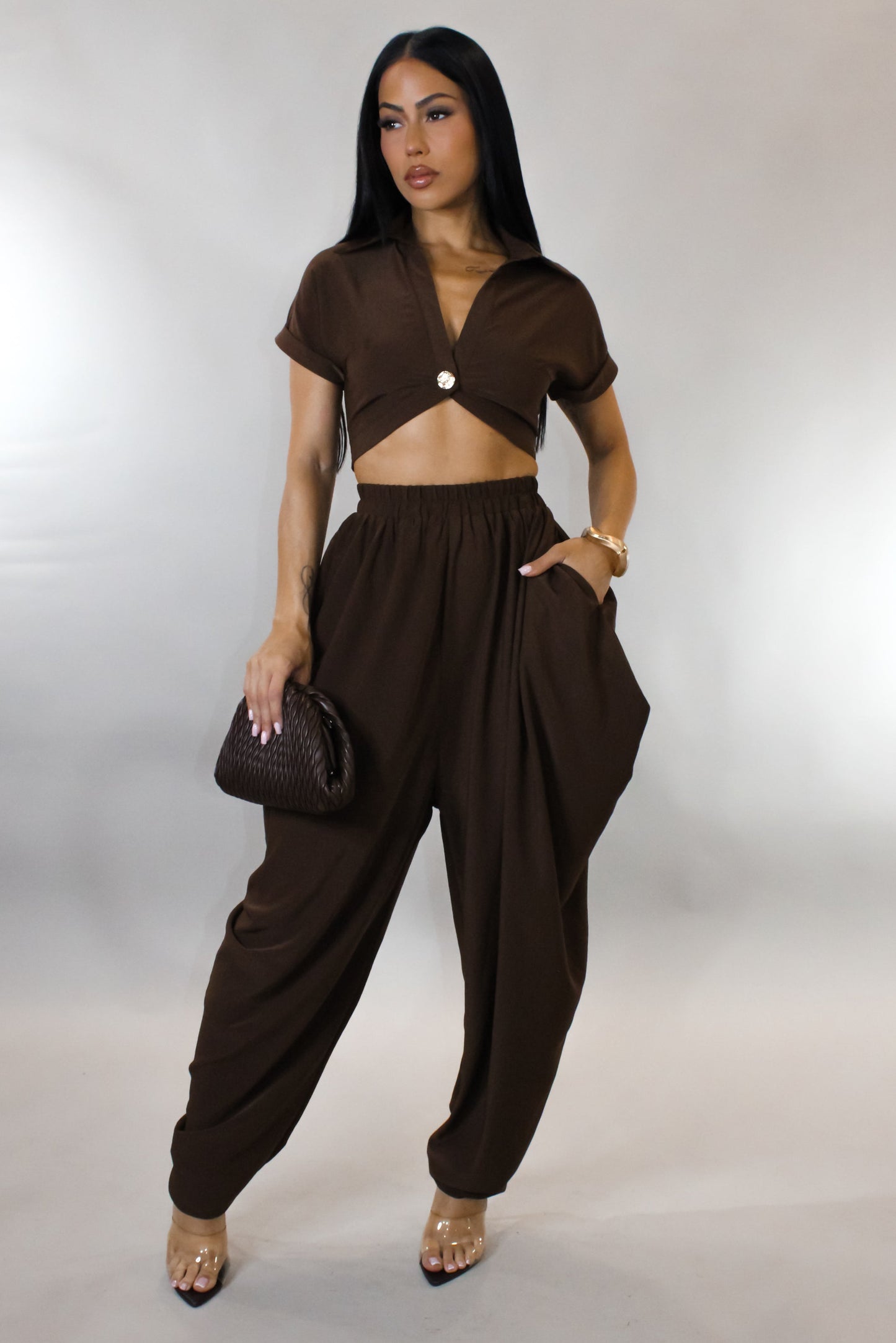 Harem Pants & Cropped Top Set- Brown
