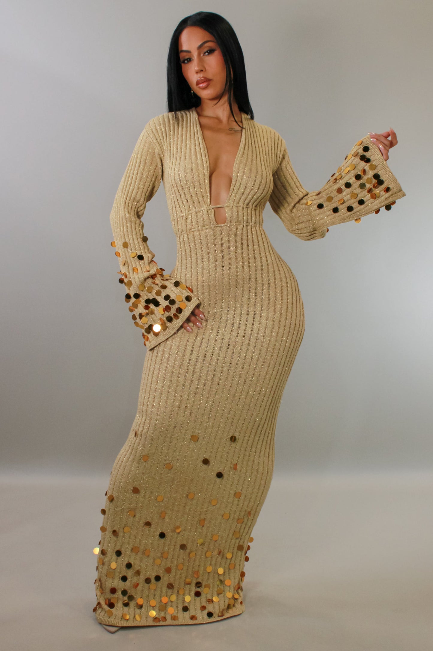 Classy Moment Glistening Sequin Maxi Dress- Gold