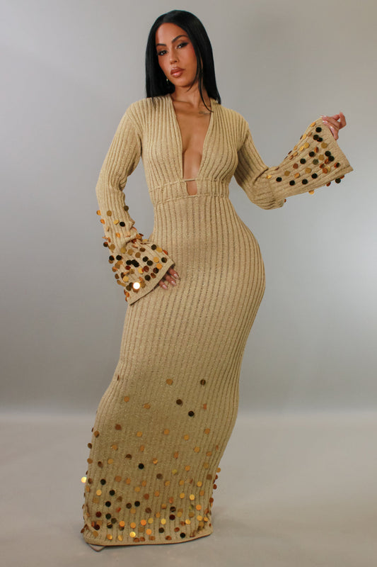 Classy Moment Glistening Sequin Maxi Dress- Gold