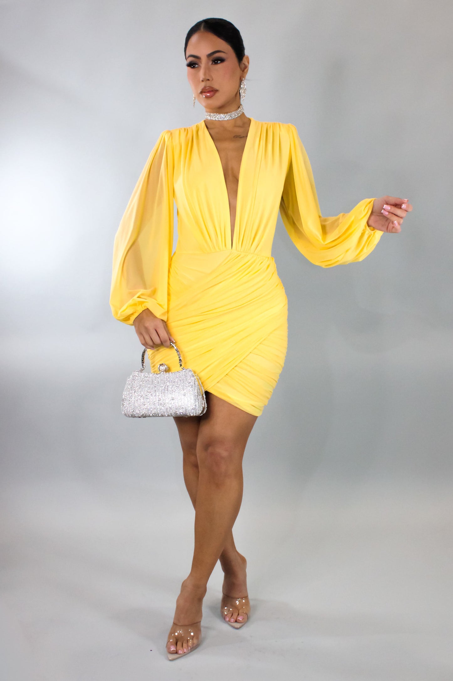 Ruched Bottom Balloon Sleeve Mini Dress- Yellow