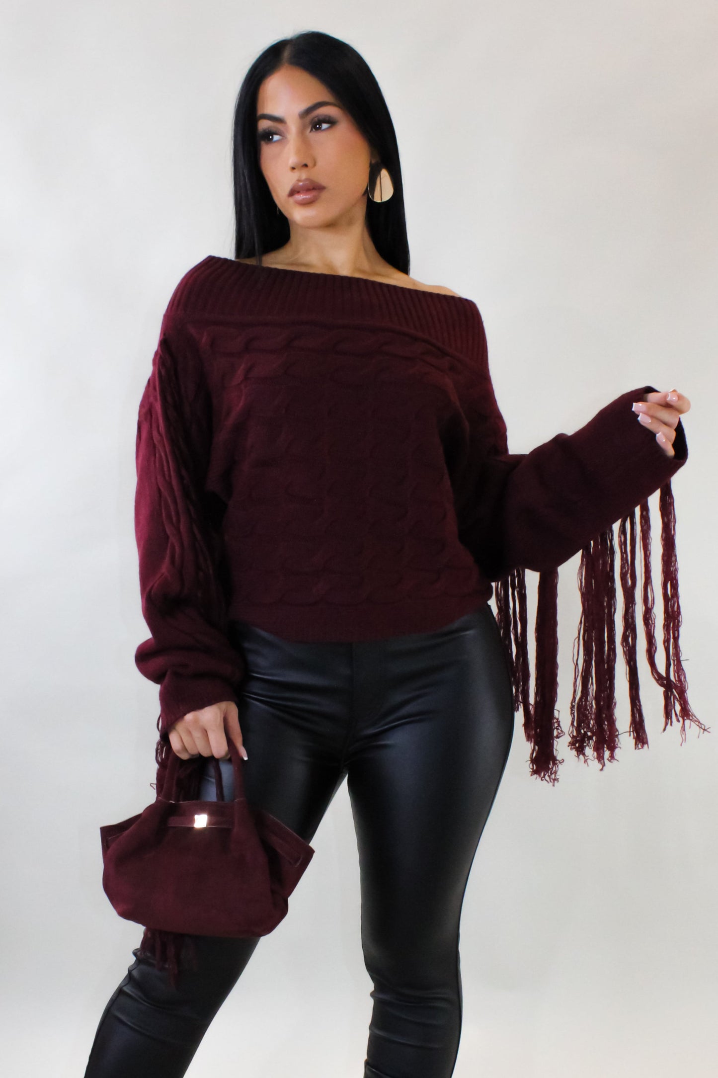 Shaggy Off Shoulder Sweater Top-Red