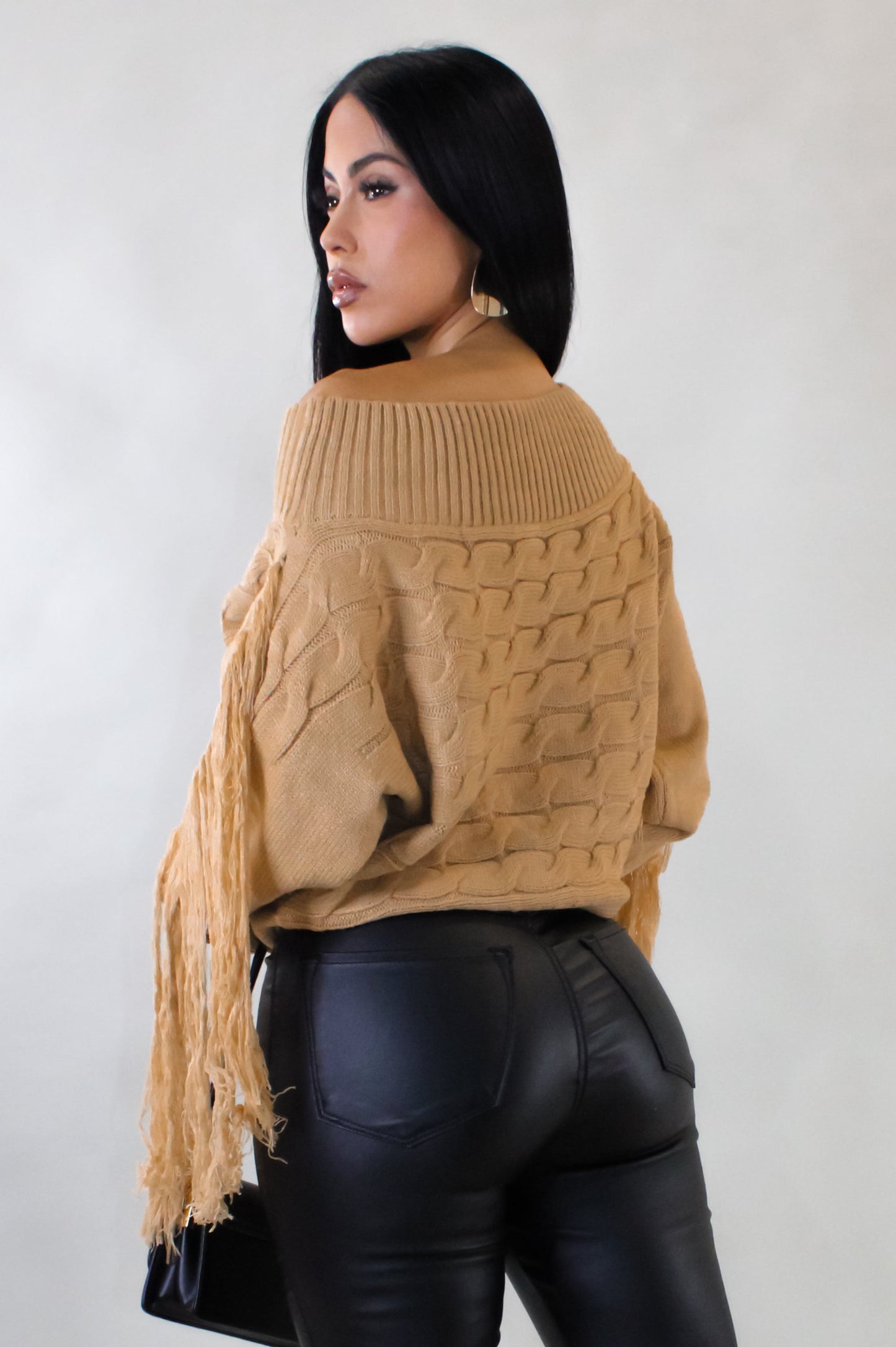 Shaggy Off Shoulder Sweater Top- Sand