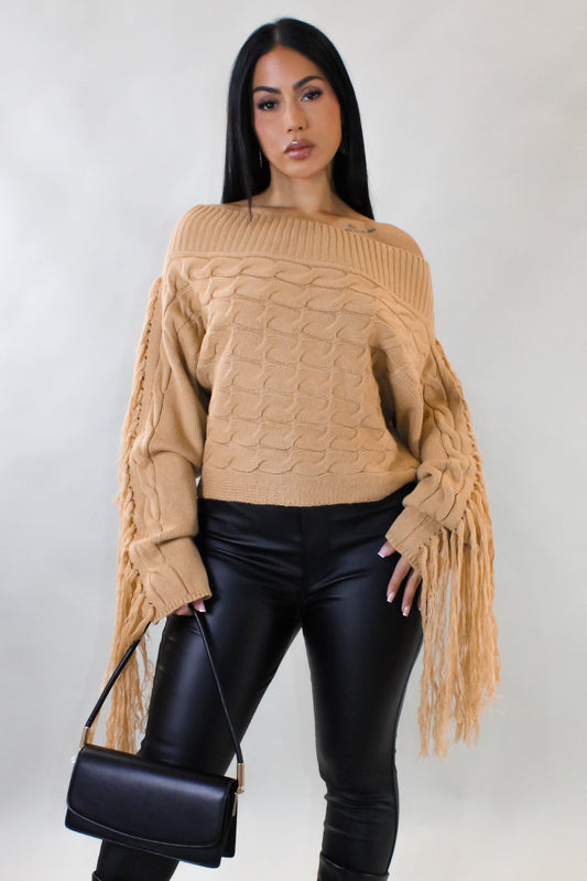 Shaggy Off Shoulder Sweater Top- Sand