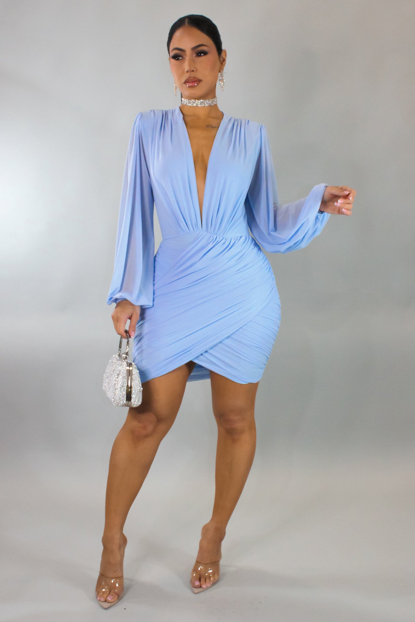 Ruched Bottom Balloon Sleeve Mini Dress- Blue