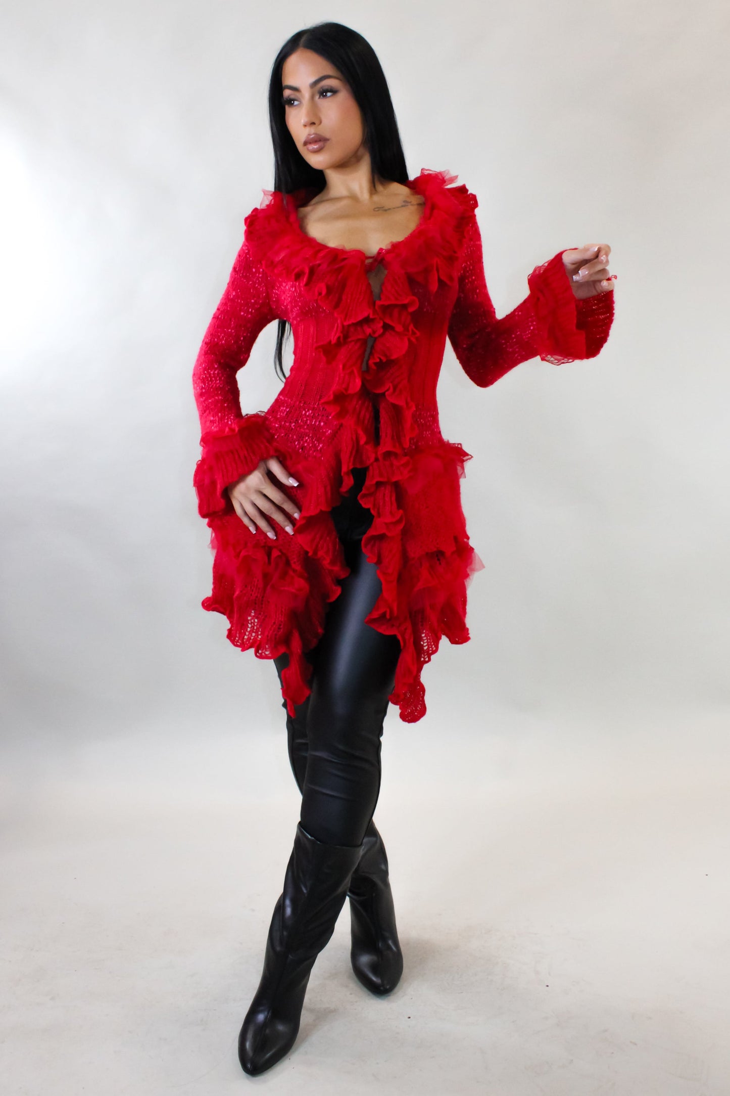 Playful Mood Ruffled Top Overlay/Cardigan- Red