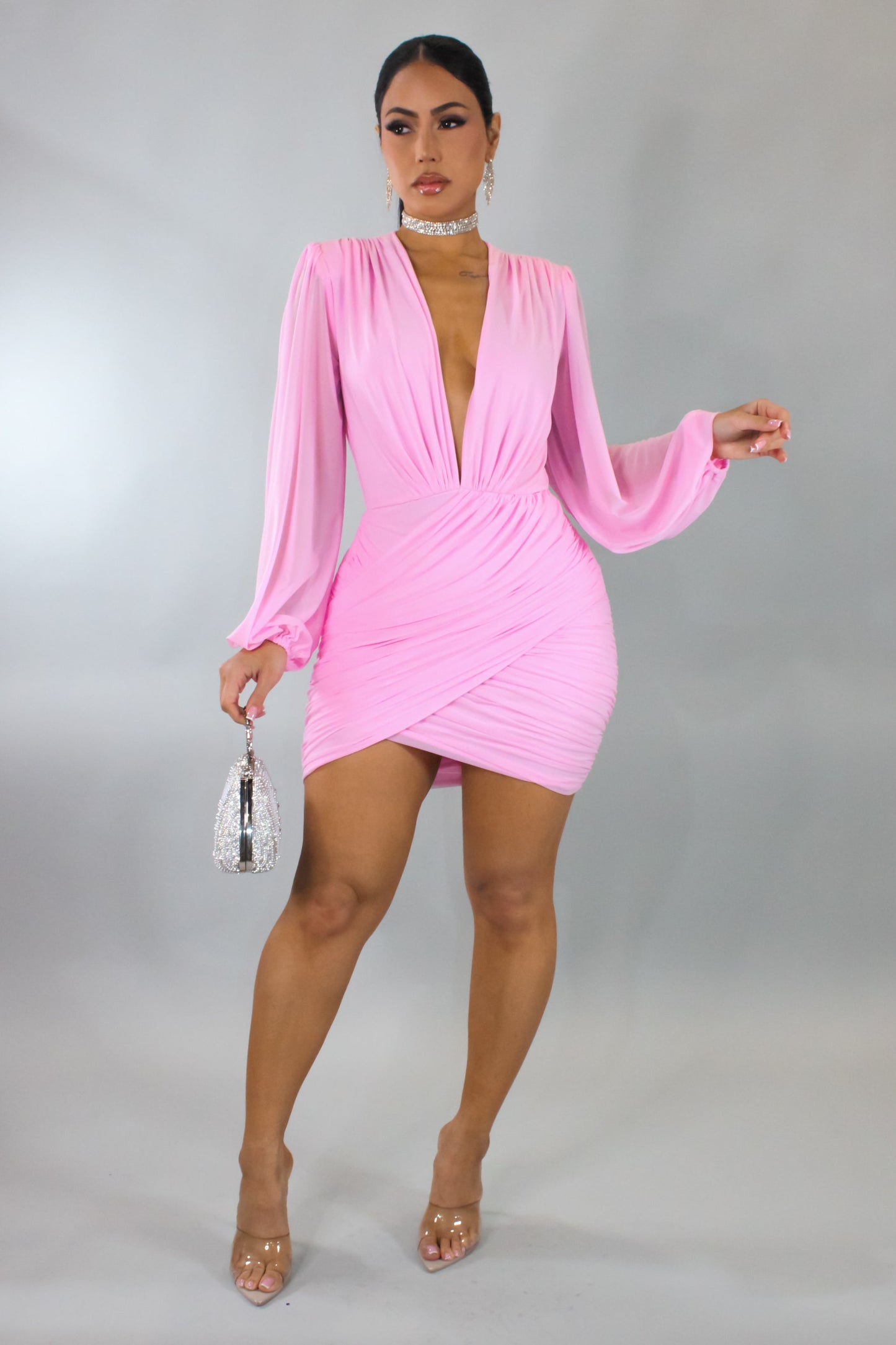 Ruched Bottom Balloon Sleeve Mini Dress- Pink
