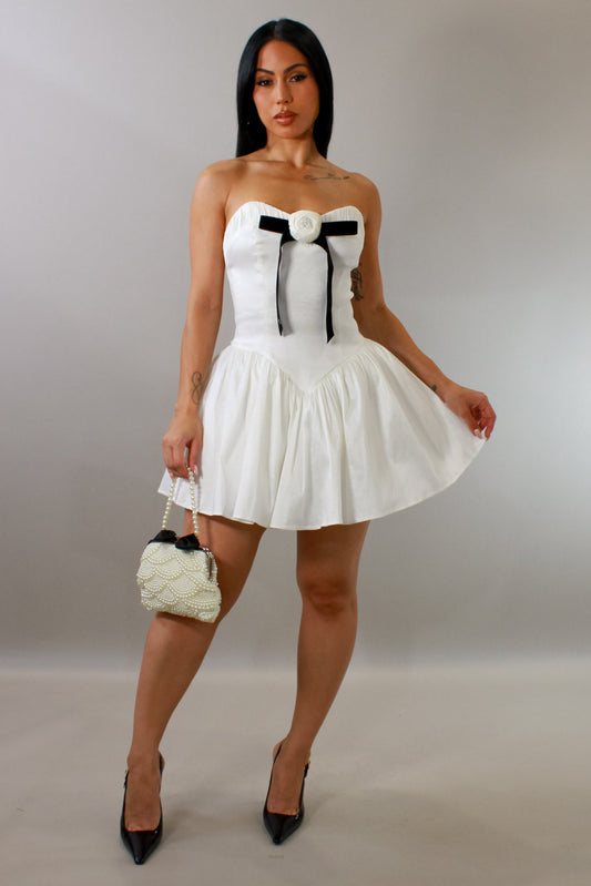 Swept Away 3D Flower Bowtied Mini Dress- White