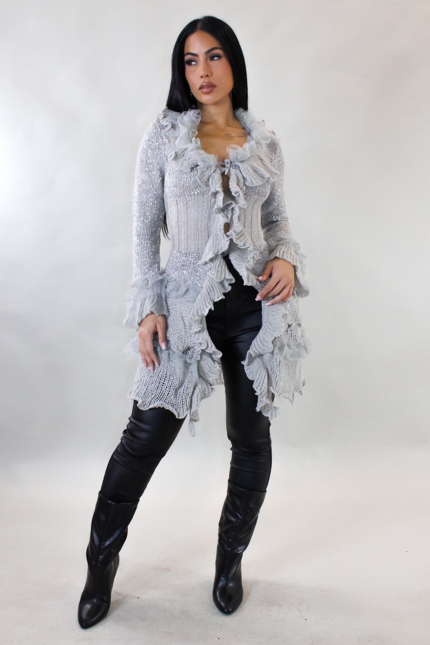 Playful Mood Ruffled Top Overlay/Cardigan- Grey
