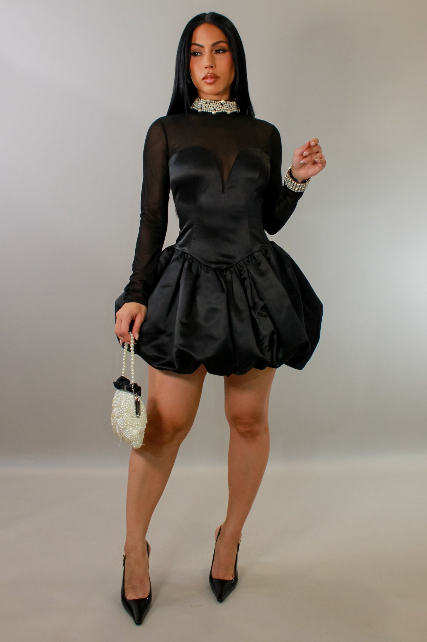 Pearl Mockneck Bubble Dress- Black