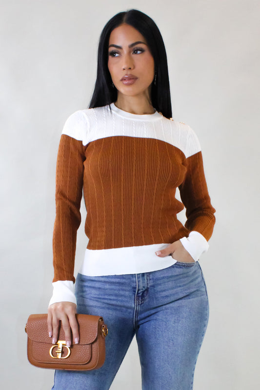 Classy Brown & White Contrast Knit Top