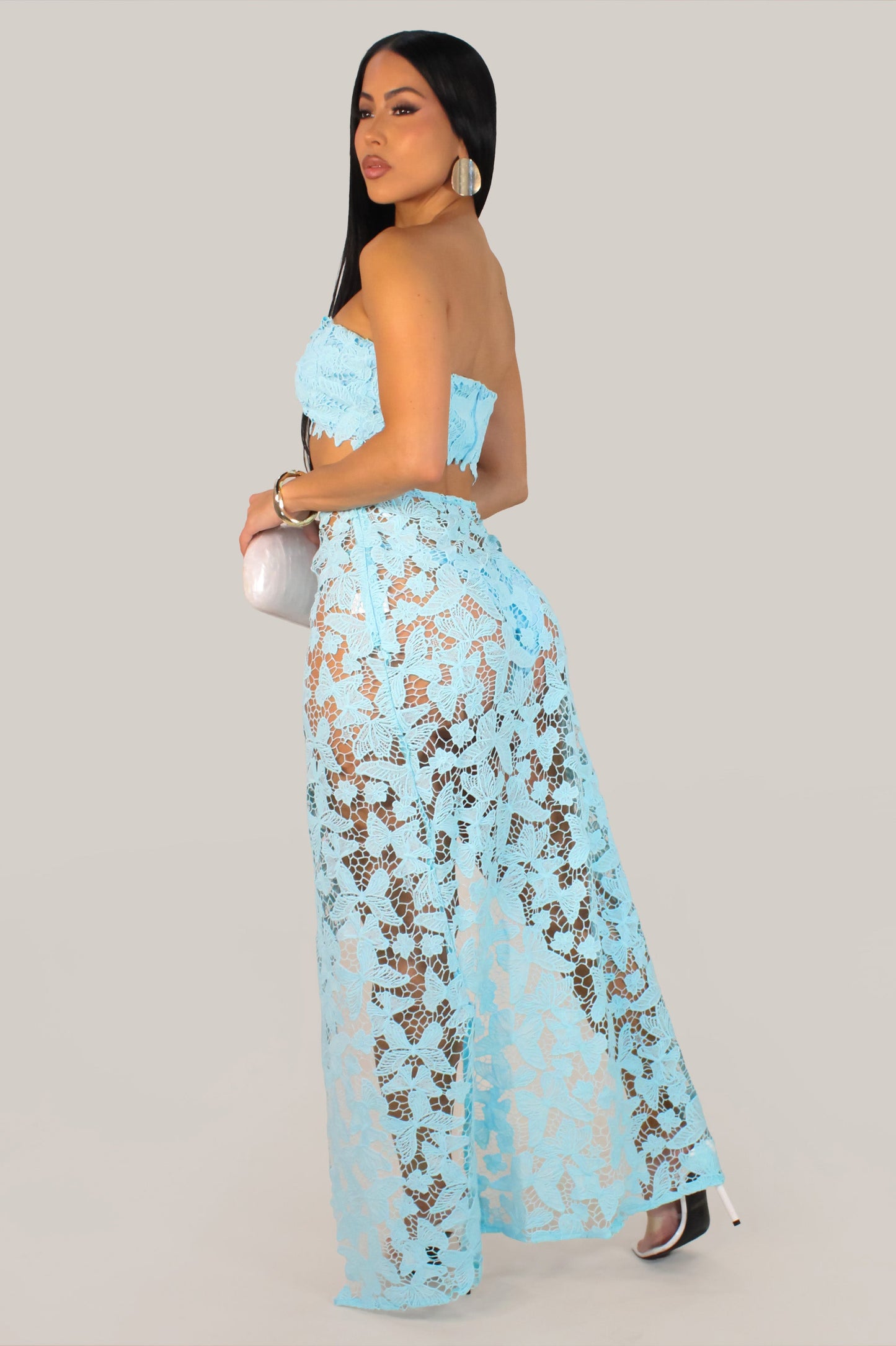 Butterfly Crochet Swimwear Coverup Skirt Set With Matching Underwear- Blue