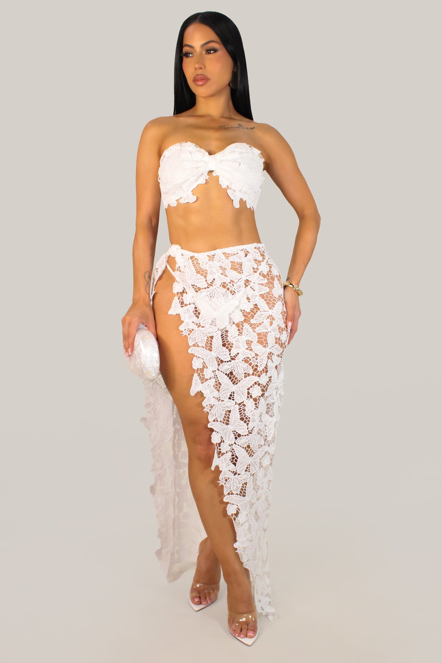 Butterfly Crochet Swimwear Coverup Skirt Set With Matching Underwear- White