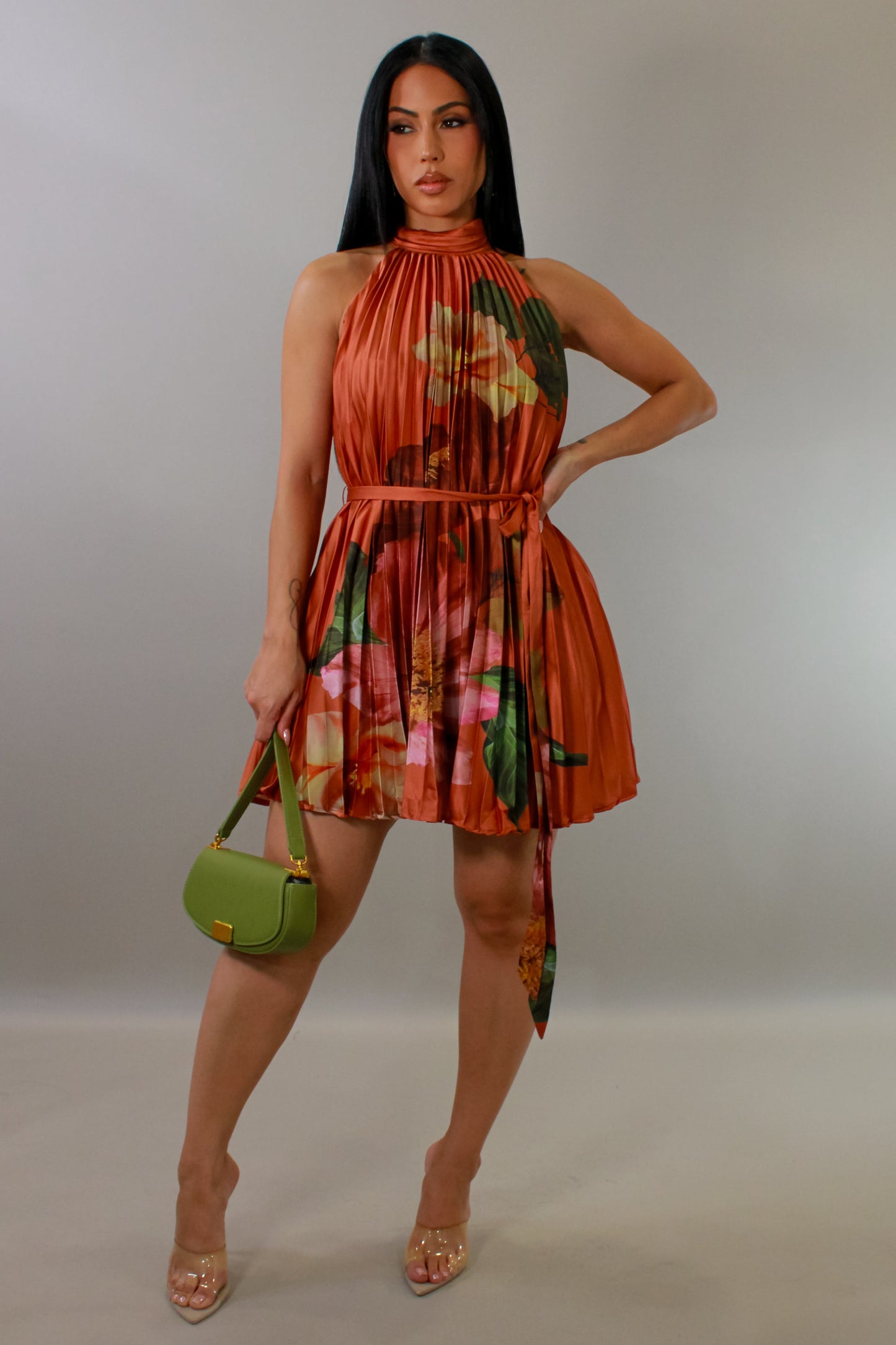 About Last Night Pleated Mini Halter Dress- Orange