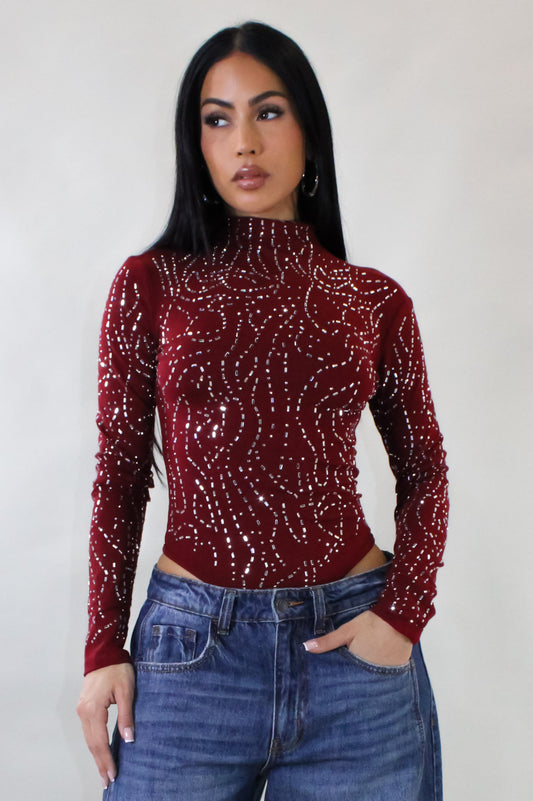 Festive Bodysuit Top- Burgundy