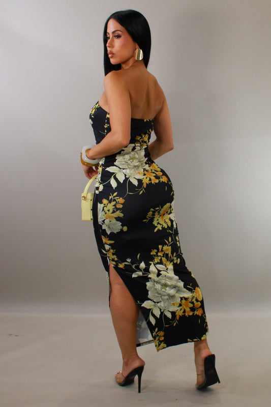 Fresh Flowers Side Slit Midi Dress- Black/Yellow