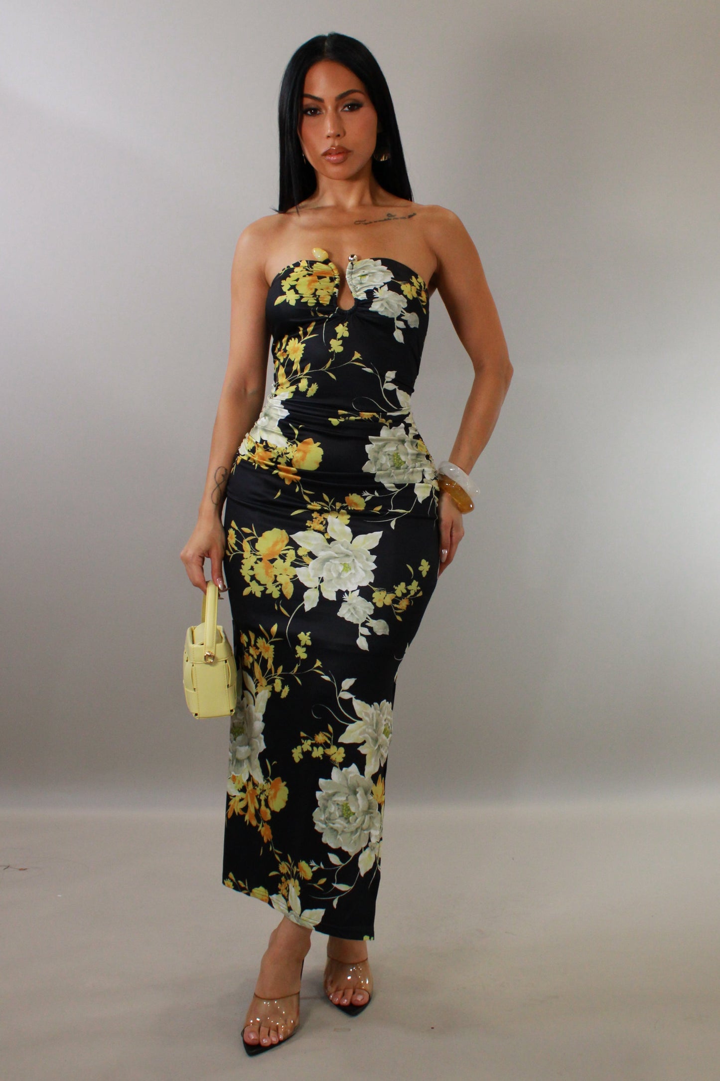Fresh Flowers Side Slit Midi Dress- Black/Yellow
