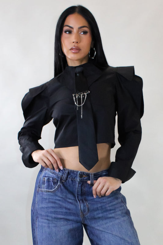 Fashion Cropped Blouse w/ Black Tie- Black
