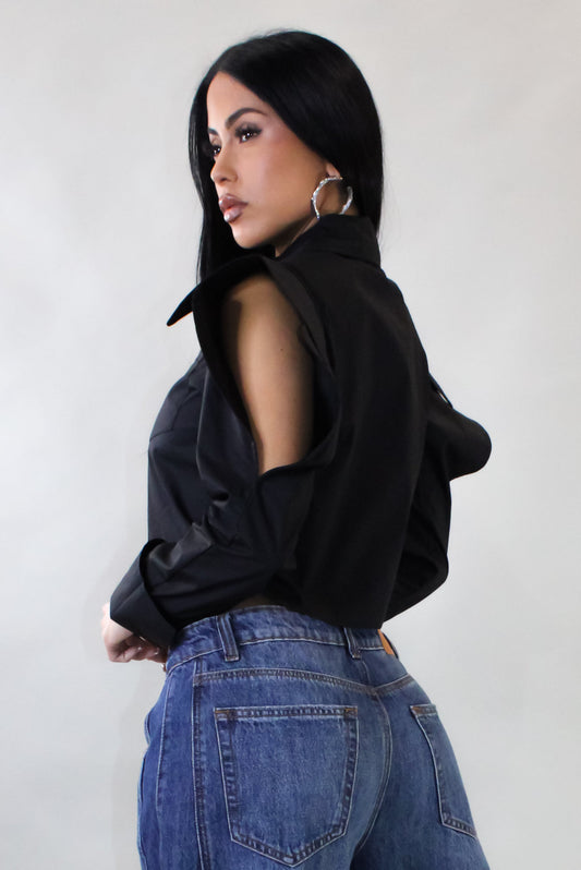 Fashion Cropped Blouse w/ Black Tie- Black