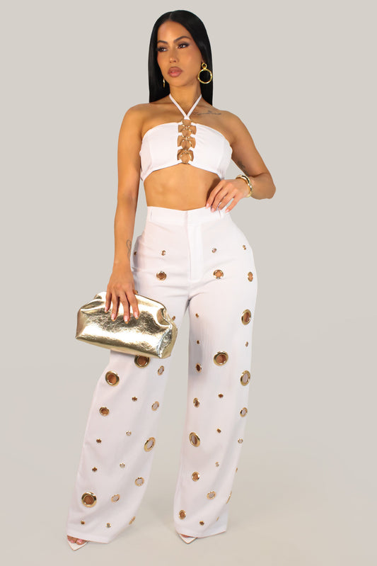 Fancy Holed Up Pants Set- White