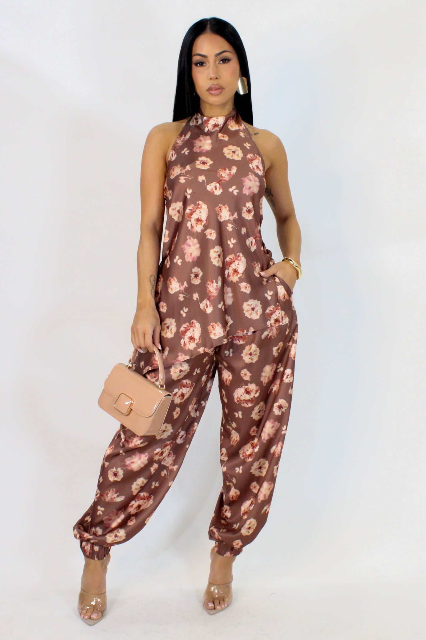Flower Blossom Pants Set- Brown