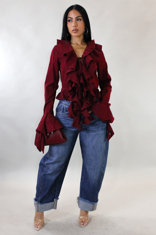 Ruffled Front Tied Blouse- Red