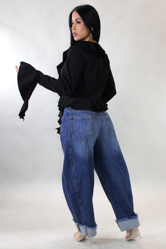 Ruffled Front Tied Blouse- Black