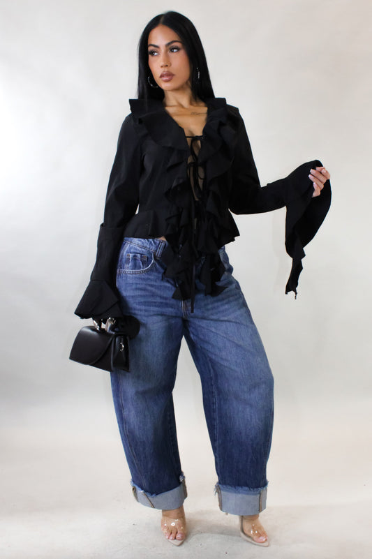 Ruffled Front Tied Blouse- Black