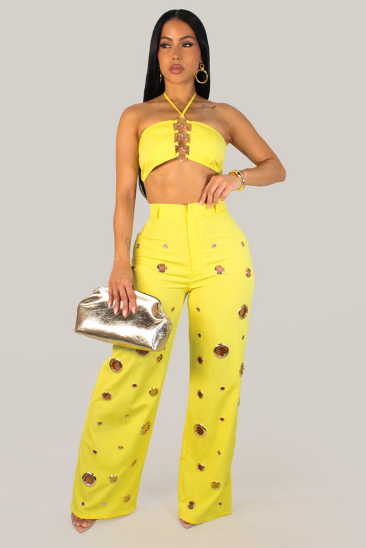 Fancy Holed Up Pants Set- Yellow
