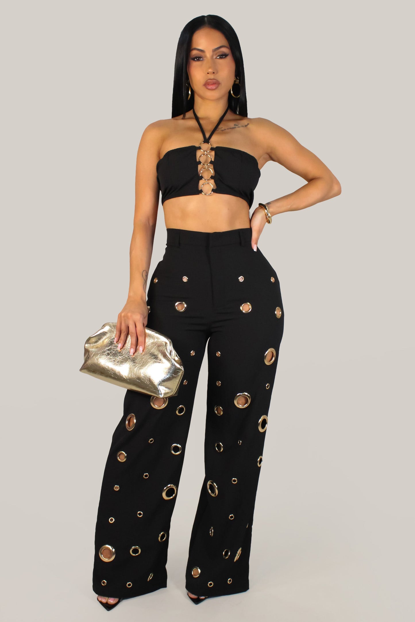 Fancy Holed Up Pants Set- Black