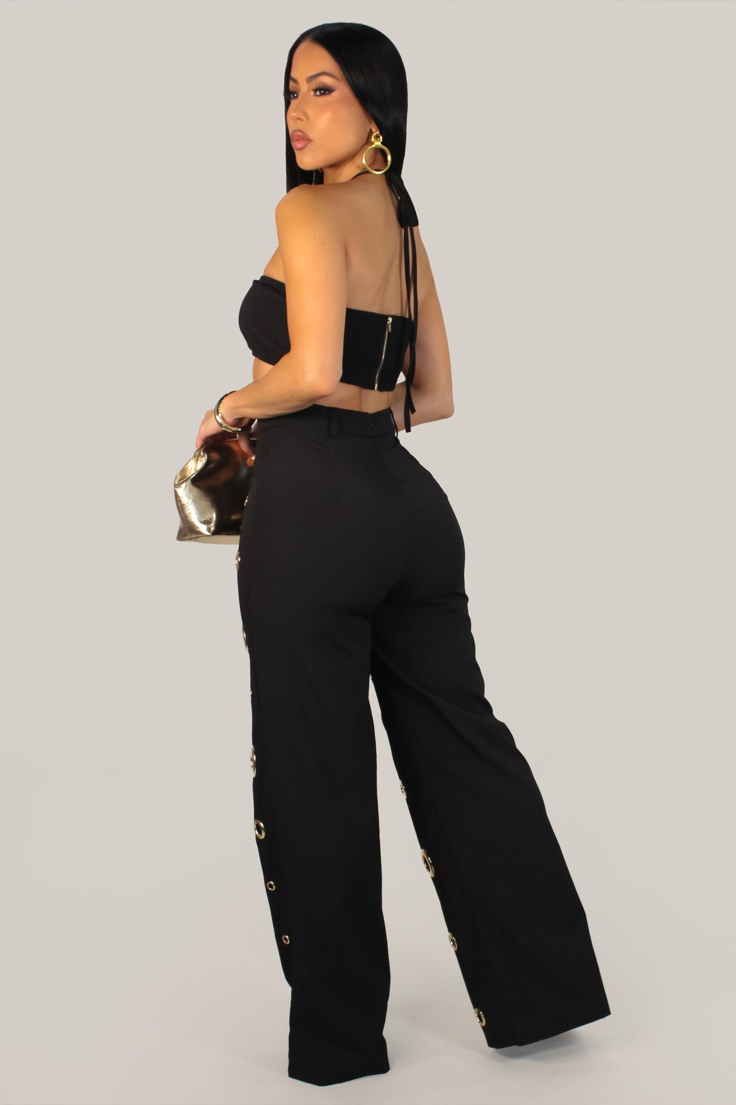 Fancy Holed Up Pants Set- Black