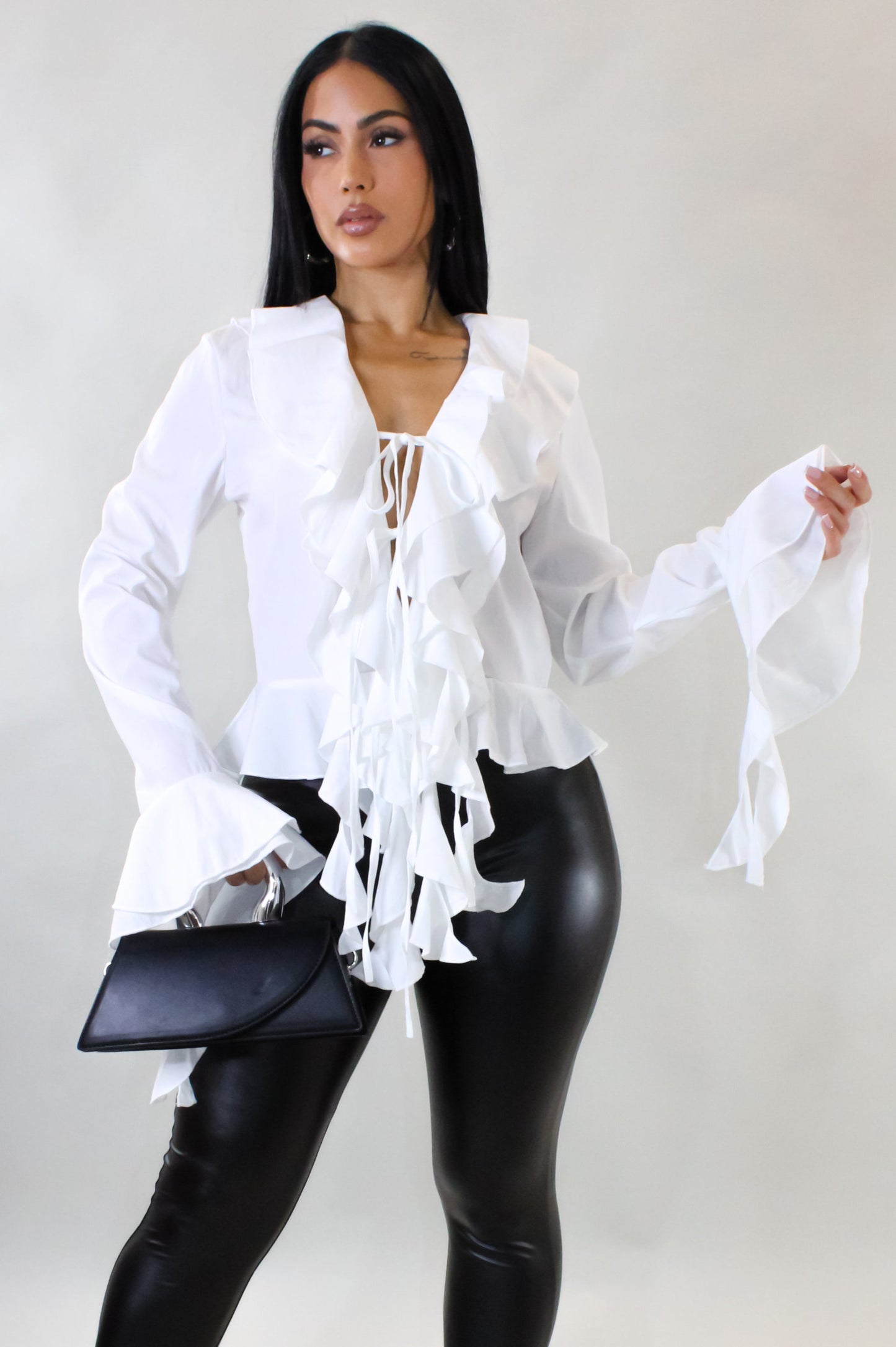 Ruffled Front Tied Blouse- White