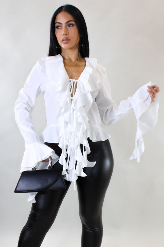 Ruffled Front Tied Blouse- White