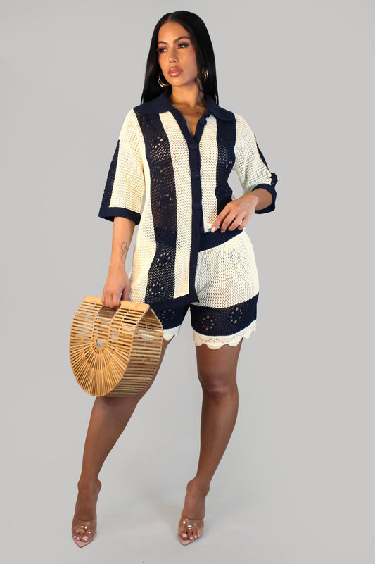 Contrast Crochet Shorts Set- Cream/Navy