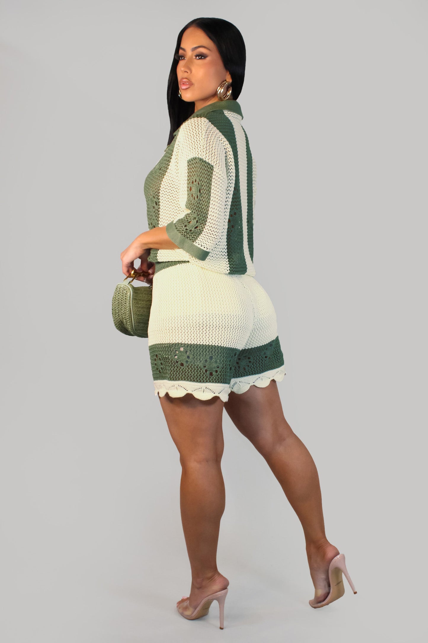 Contrast Crochet Shorts Set- Cream/Olive